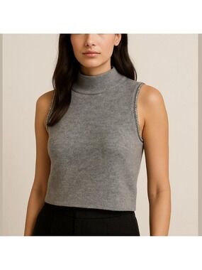 DYNAMITE sleeveless sweater mock neck jeweled arm holes sweater tank grey XL new